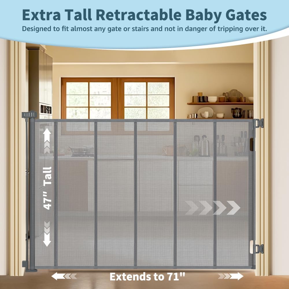 47” Extra Tall Retractable Baby Gate, Reinforced Mesh Dog Gate Extends to 71" Wide, Baby Gate for Stairs, Doorways, Hallways, Indoor and Outdoor, Black