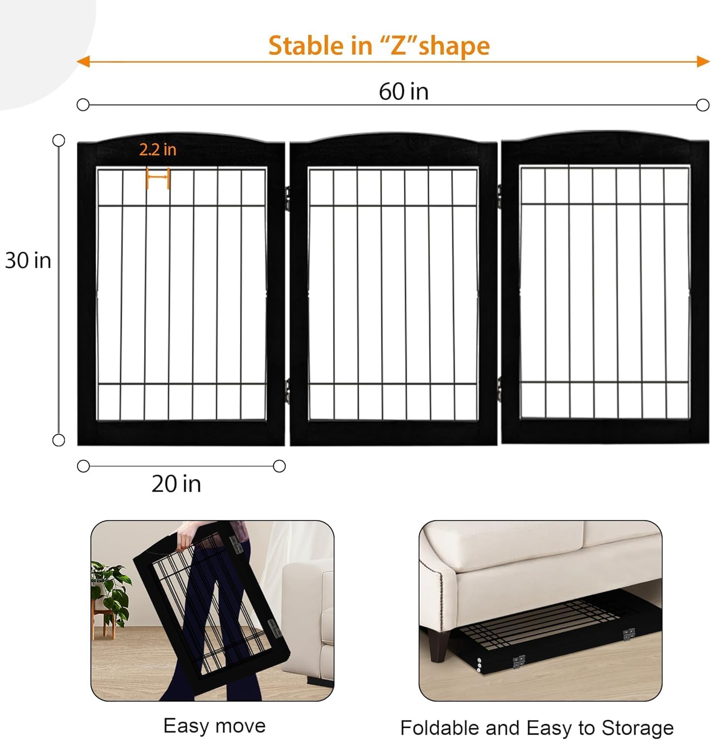 LZRS 2-Panel Freestanding Foldable Wood Dog Gate – Solid Wood & Steel Wire, Chew-Resistant Pet Barrier for Indoor Use, Ideal for Small to Medium Dogs, White