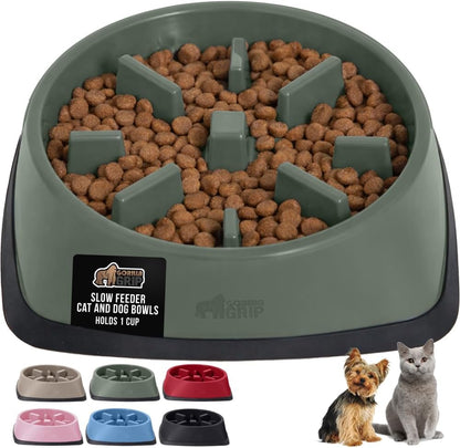 GORILLA GRIP® Patented BPA Free Slow Feeder Dog Bowls, Interactive Puzzle Toy for Dogs and Cats Food Training Enrichment, Keeps Pets Busy and Prevents Puppy Overeating, Small Breeds, 1 Cup, Gray