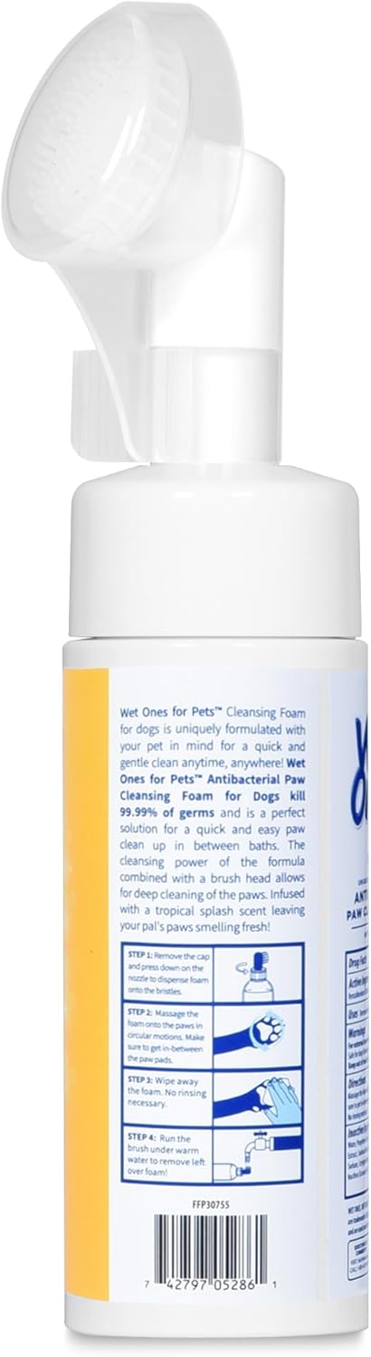 Wet Ones for Pets Antibacterial Dog Paw Cleaner with Built-in Scrubber Brush, Tropical Splash Scent - Foaming Cleanser for Dog Paws - Paw Washer & Grooming Care, 5 Ounce