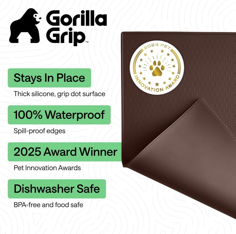 GORILLA GRIP 100% Waterproof Raised Edge BPA Free Silicone Pet Feeding Mat, Dog Cat Food Mats Contain Spills Protects Floors, Placemats for Cats and Dogs Water Bowl, 18.5x11.5, Gray