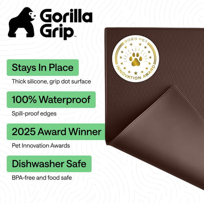 GORILLA GRIP 100% Waterproof Raised Edge BPA Free Silicone Pet Feeding Mat, Dog Cat Food Mats Contain Spills Protects Floors, Placemats for Cats and Dogs Water Bowl, 18.5x11.5, Gray