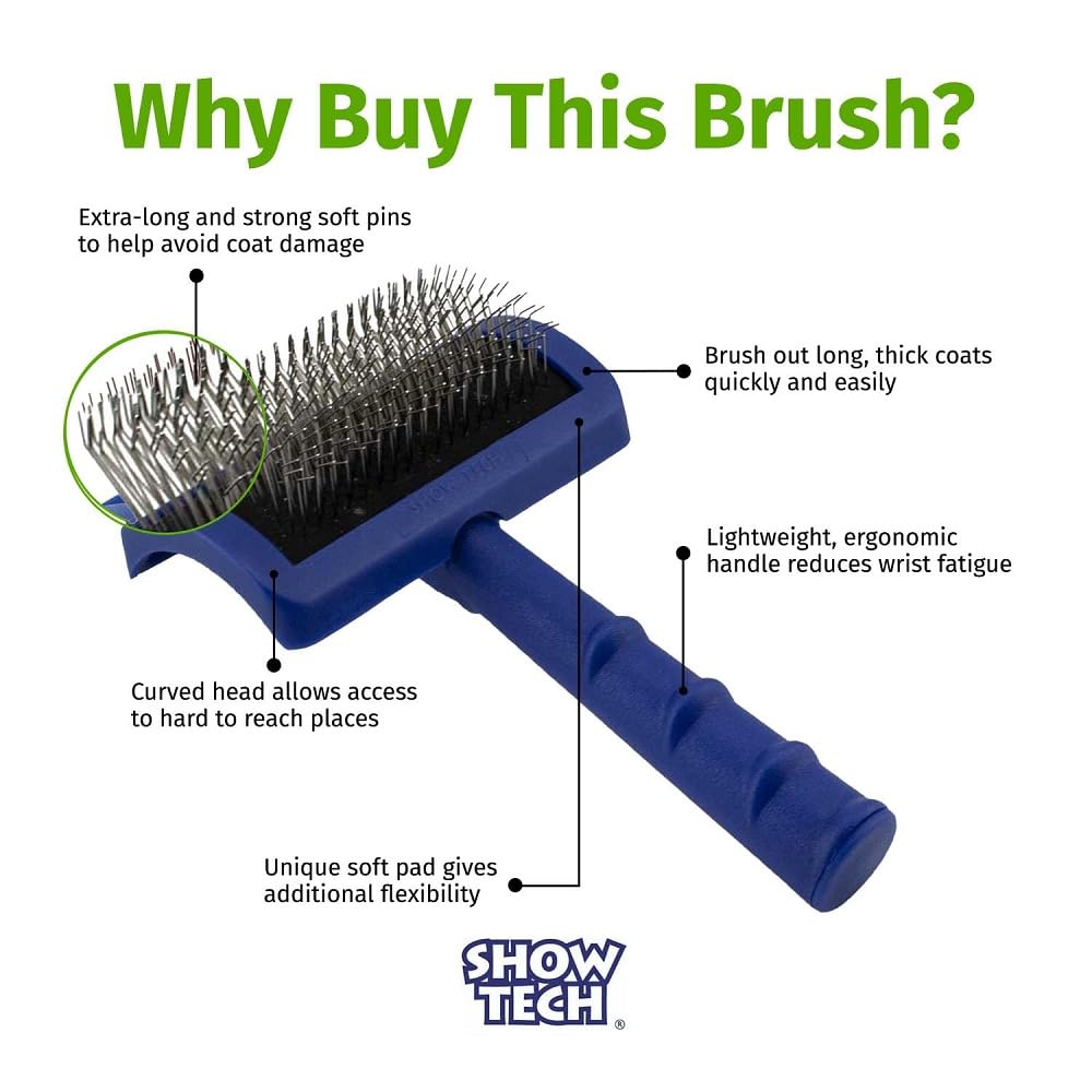 Show Tech Tuffer Than Tangles Slicker Brush for Dog Grooming with Long, Soft Pins, Medium Size, Perfect for Doodle Breeds, Angled Pins for Dematting, Remove Undercoat, Comfort Grip Handle