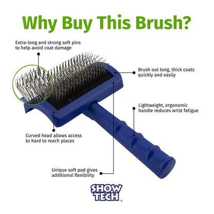 Show Tech Tuffer Than Tangles Slicker Brush for Dog Grooming with Long, Soft Pins, Medium Size, Perfect for Doodle Breeds, Angled Pins for Dematting, Remove Undercoat, Comfort Grip Handle