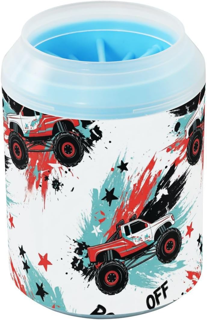 Monster Truck White Print Dog Paw Cleaner Cup with Soft Silicone Brush, Portable Lightweight Small Muddy Paw Washer for Dogs, Easy to Use Pet Foot Cleaner