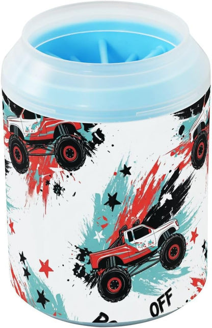 Monster Truck White Print Dog Paw Cleaner Cup with Soft Silicone Brush, Portable Lightweight Small Muddy Paw Washer for Dogs, Easy to Use Pet Foot Cleaner