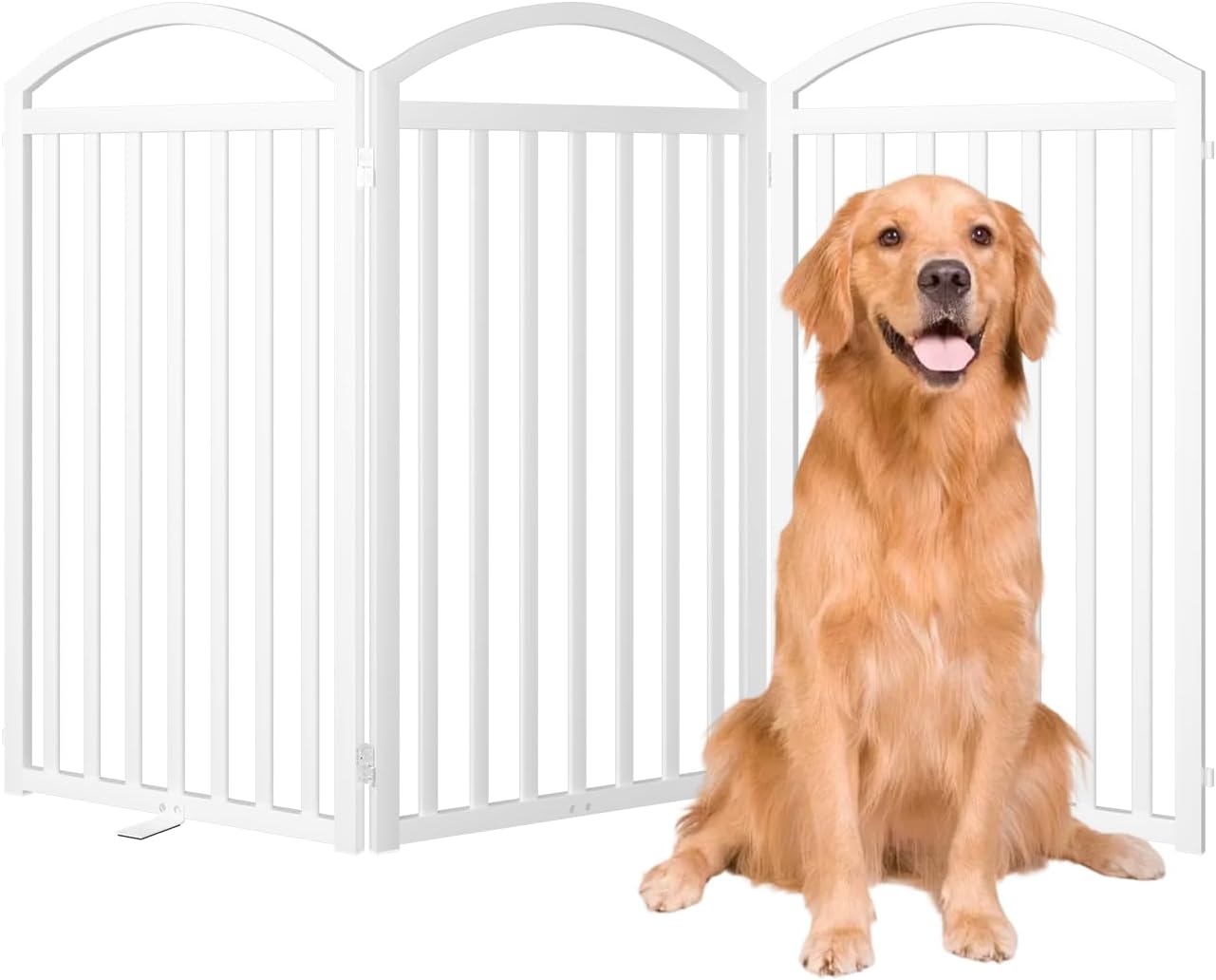 SNUOWU 4 Panels Full Matel Freestanding Dog Gates with Door, 96"Extra Wide 32"Tall Free Standing Dog Pet Gate for Indoor & Outdoor. Foldable Pet Fences for Doorways, House, Stairs, Porch, Deck, Yard