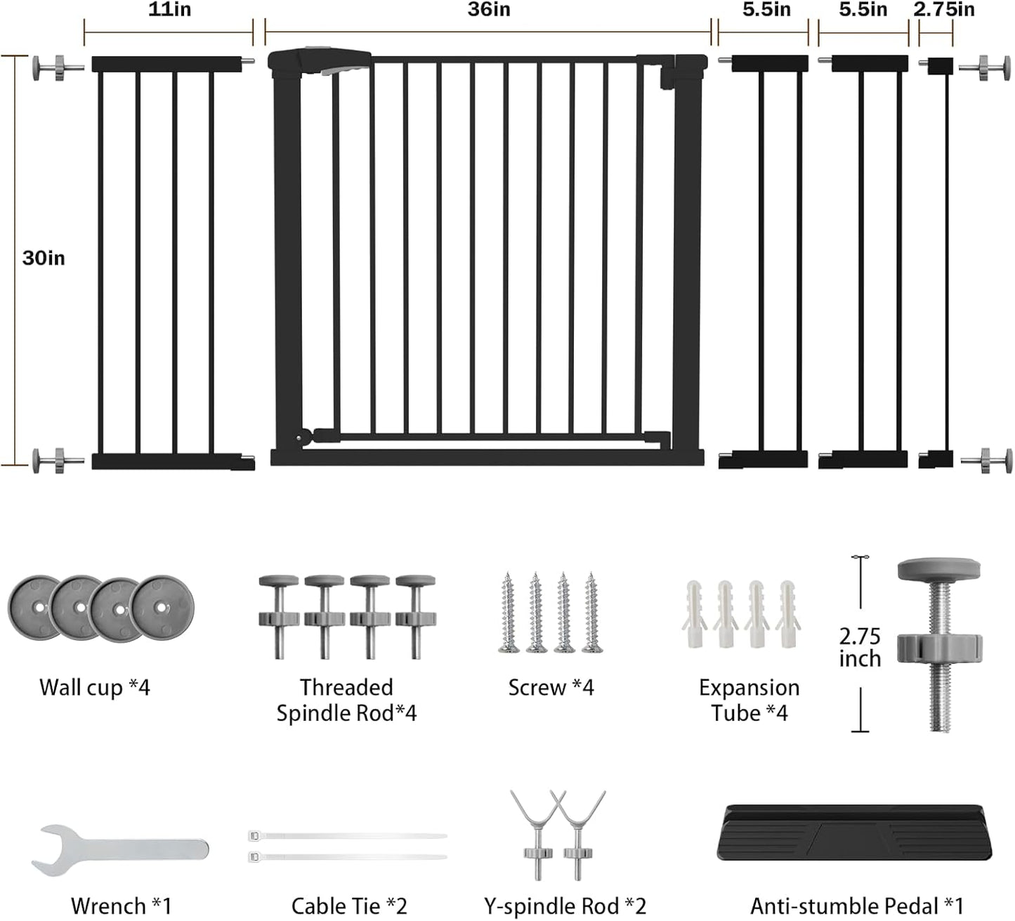 Mumeasy Baby Gate Extra Wide, 29.7-51'' Pressure Mounted Dog Gate with Walk Thru Door, Auto Close Pet Gate for House, Stairs, Doorways,Black