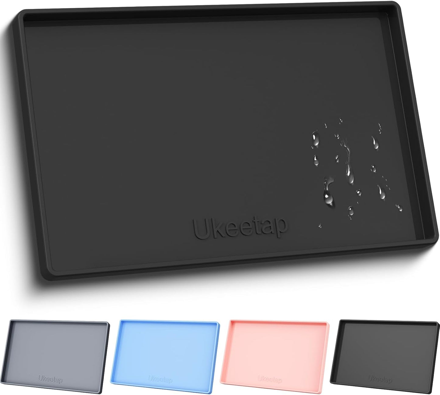 ukeetap Extra Thick Silicone Mat Waterproof with Raised Edge 19” x 12”, BPA Free Non-Slip Dog & Cat Food Mat, Feeding Mat for Food and Water Bowls, Spill Proof Mat to Protect Floors, Gray