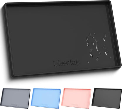 ukeetap Extra Thick Silicone Mat Waterproof with Raised Edge 19” x 12”, BPA Free Non-Slip Dog & Cat Food Mat, Feeding Mat for Food and Water Bowls, Spill Proof Mat to Protect Floors, Gray