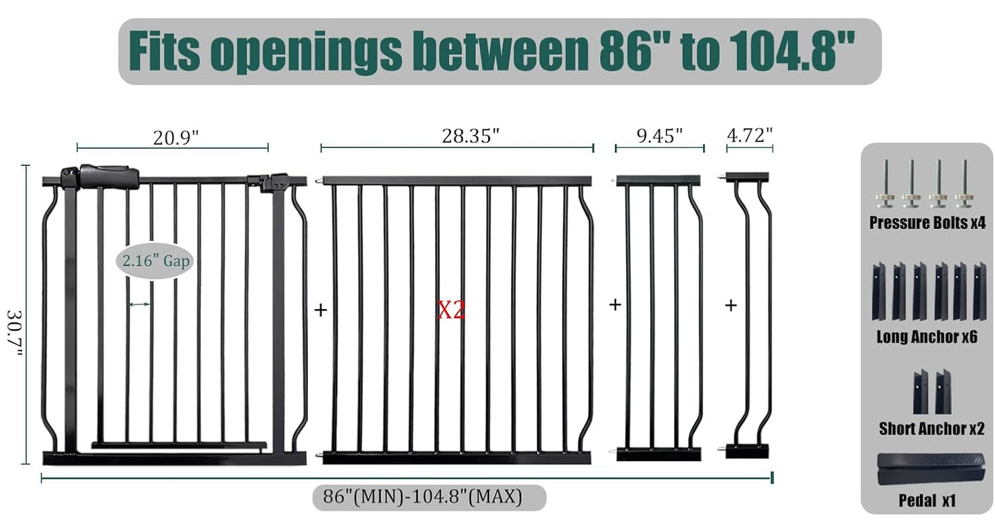 Extra Wide Baby Gate 85.8-90.5" Dog Gate Indoor Pressure Mounted No Drill Safety Gate for Large Entries, Kitchen,Stairs & Doorways, Black Metal Indoor Pet Gate for Kids & Dogs