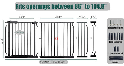 Extra Wide Baby Gate 85.8-90.5" Dog Gate Indoor Pressure Mounted No Drill Safety Gate for Large Entries, Kitchen,Stairs & Doorways, Black Metal Indoor Pet Gate for Kids & Dogs
