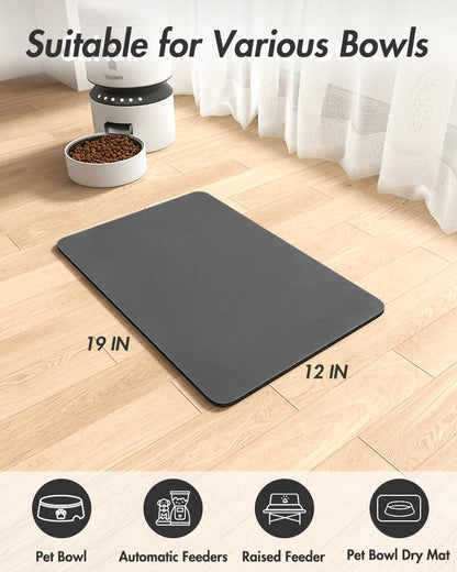 MontVoo Dog Food Mat-Pet Feeding Mat for Food and Water-No Stains Quick Dry Dispenser Cat Bowl Mat for Messy Drinkers(12"x19" Dark Grey)