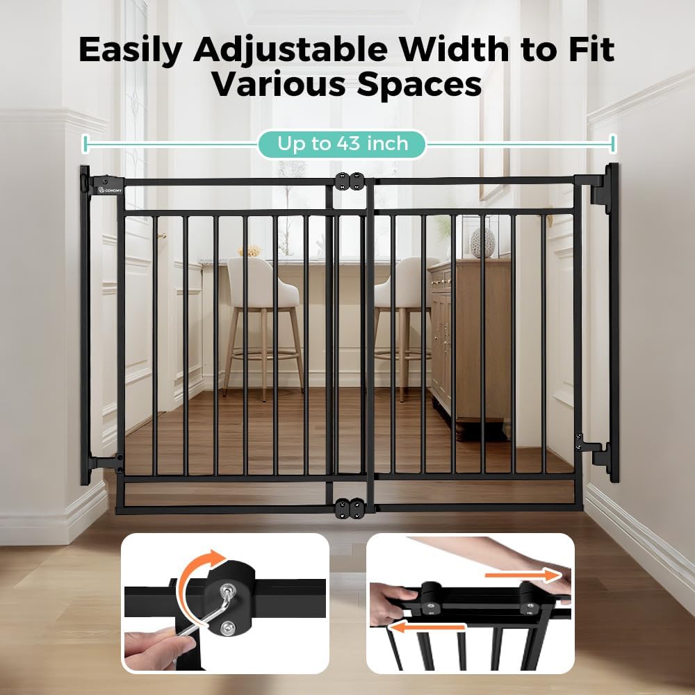 COMOMY 27.5-43" Baby Gate No Bottom Bar for Stairs and Doorways, 2-in-1 Auto Close Dog Gate Indoor for the House, Hardware Mounted Pet Gate with Large Walk Thru Door, Child Safety Gate for Dogs, Black