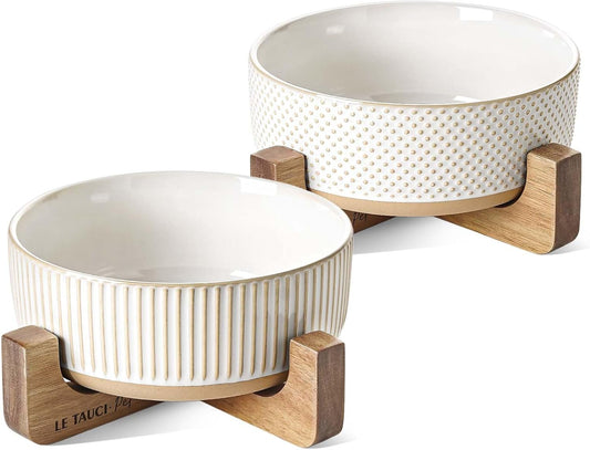 LE TAUCI PET Ceramic Dog and Cat Bowl Set with Acacia Wood Stand - 2 Cup Weighted Non-Slip Food and Water Bowls for Small Dogs & Cats, Lines + Dot