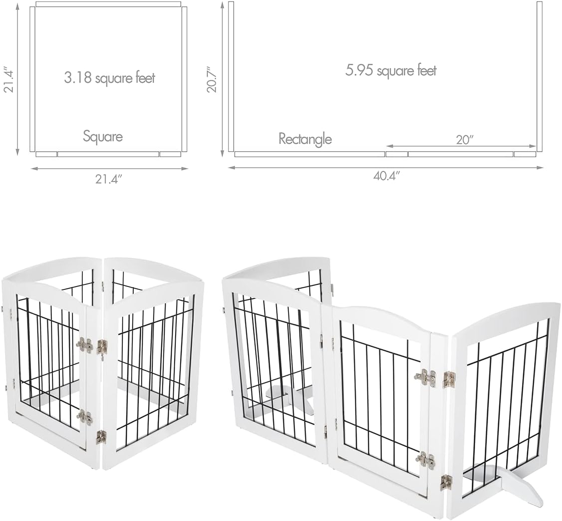 PAWLAND Free Standing Dog Gates for The House Stairs Doorways Indoor Foldable Wooden Small White Puppy Pet Gate Step Over Fence 60" W 24" H 3 Panels