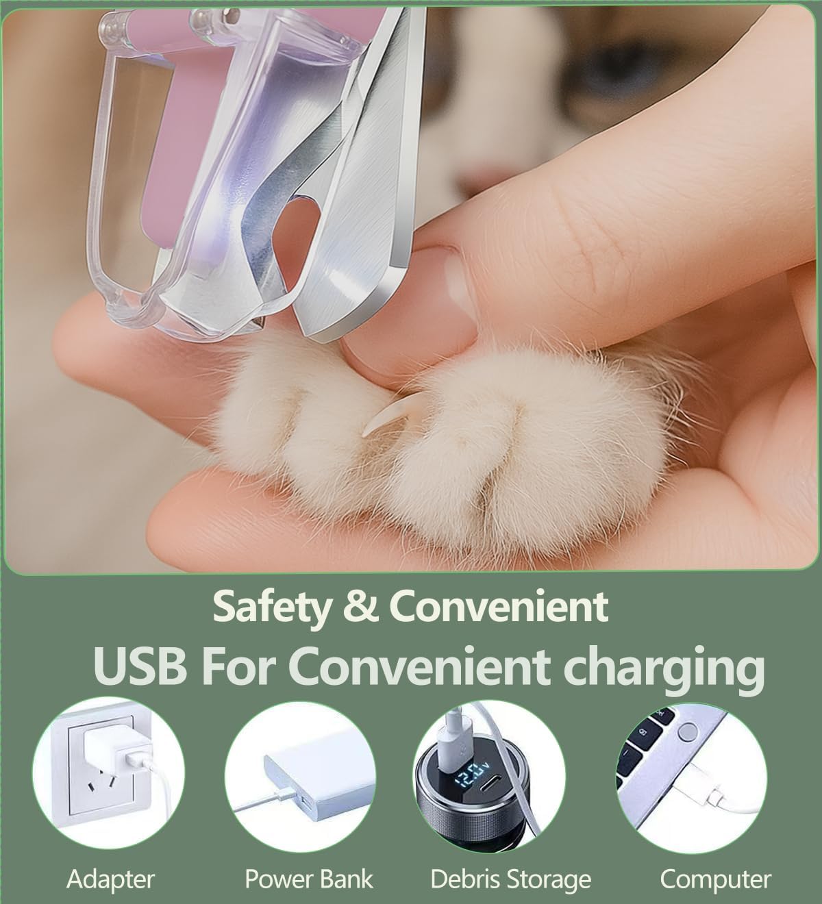 2-in-1 Dog Nail Clipper & Nail Grinder with 2 LED Lights Splash Guard for Large Medium Small Cats Dogs Pets Paw Trimmer Claw Grinders USB Rechargeable White