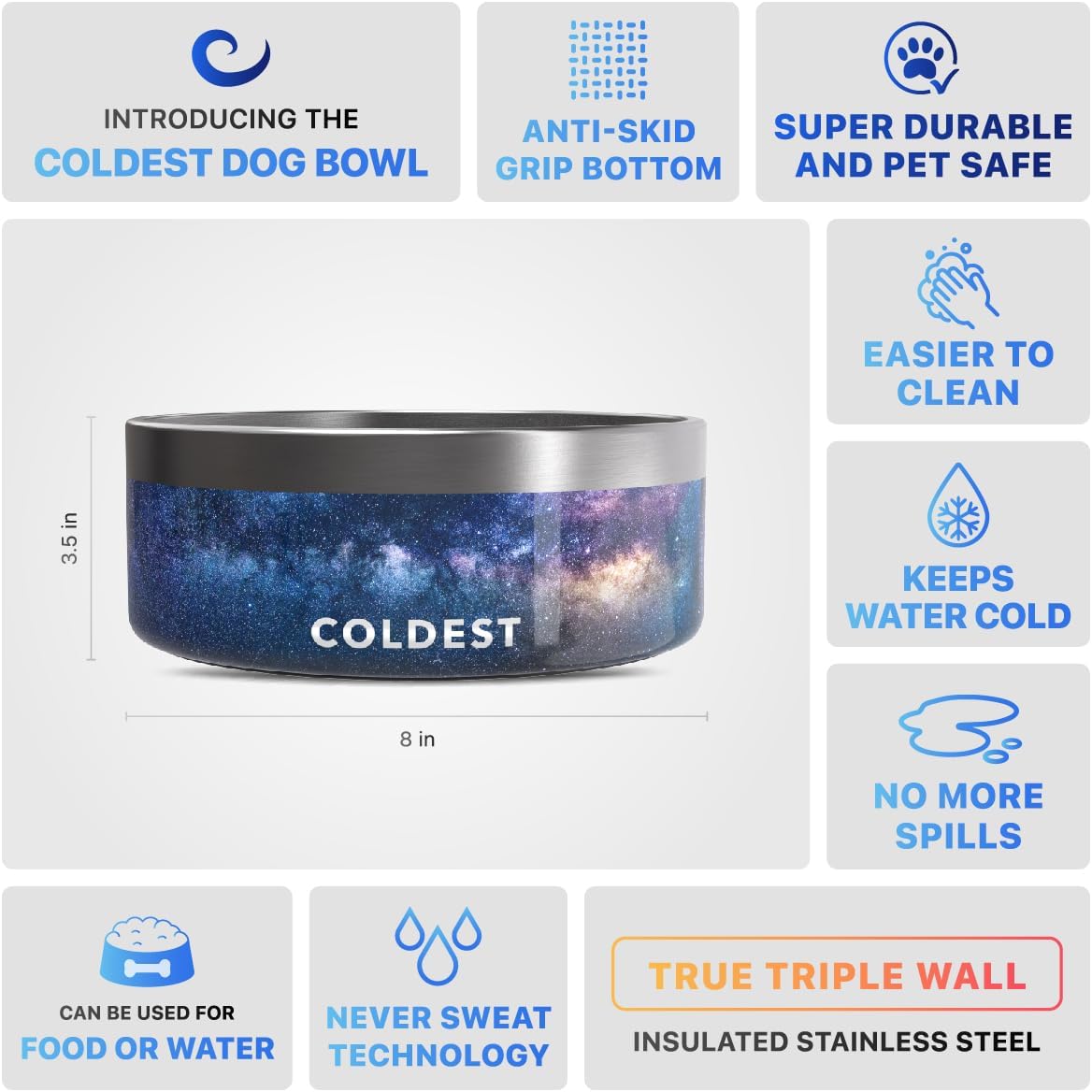 Coldest Dog Bowl - Anti Rust Metal, Non Slip, 3 Layers Insulated Stainless Steel Dog Bowls - Spill Proof & Heavy Duty - Water Bowl for Dogs, Cats & Pets, Dish Washer Safe (21 oz, Stealth Black)