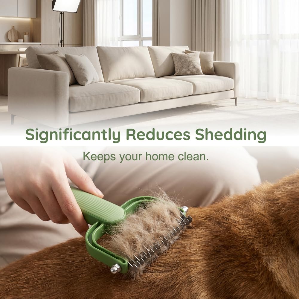 Double Sided Dematting Comb for Dogs and Cats – Undercoat Rake Pet Grooming Tool for Shedding, Tangles & Matted Fur, Stainless Steel Deshedding Brush for Long Haired & Thick Coat Pets (Green & Gray)