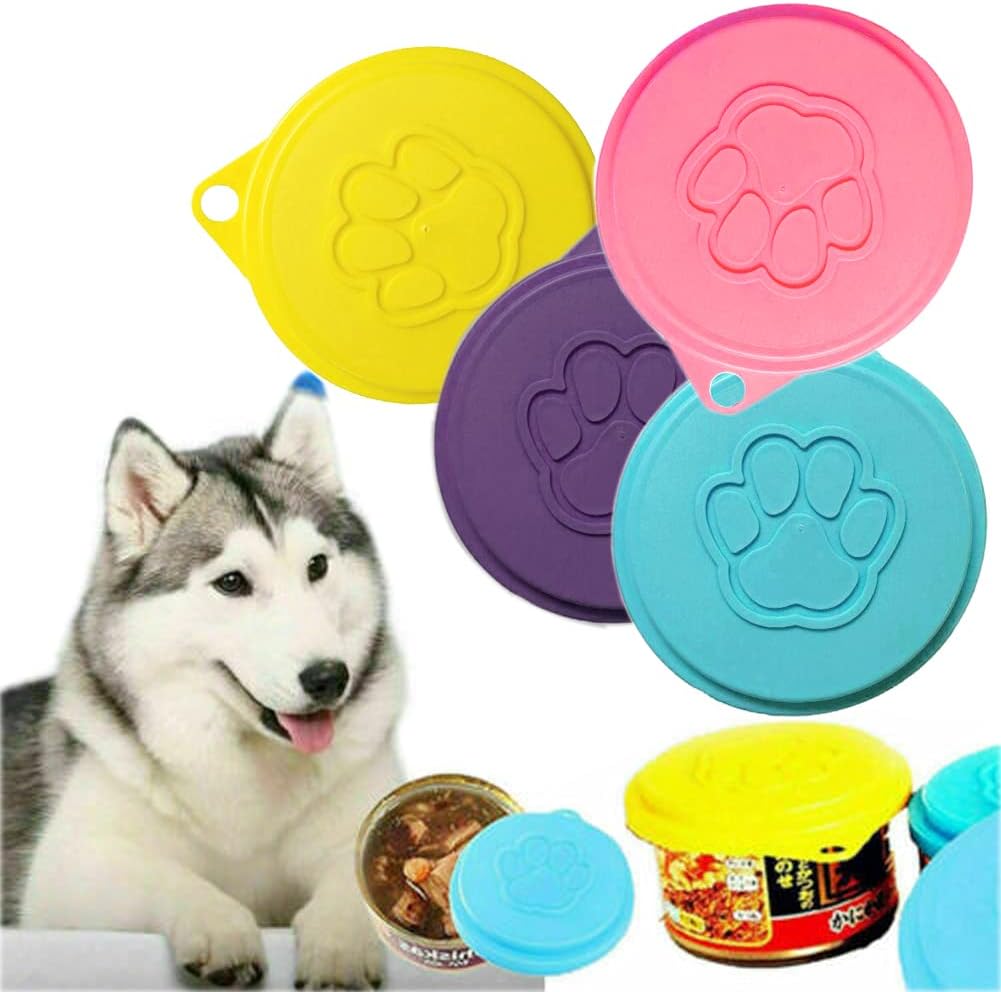 Medsuo 4pcs Dog Can Covers Pet Food Can Plastic Lids Caps for Tins Dog Cat Puppy Can Covers Reusable Sealed Tin Covers Lids for Pet Food Storage (Yellow, Blue, Purple, Pink)