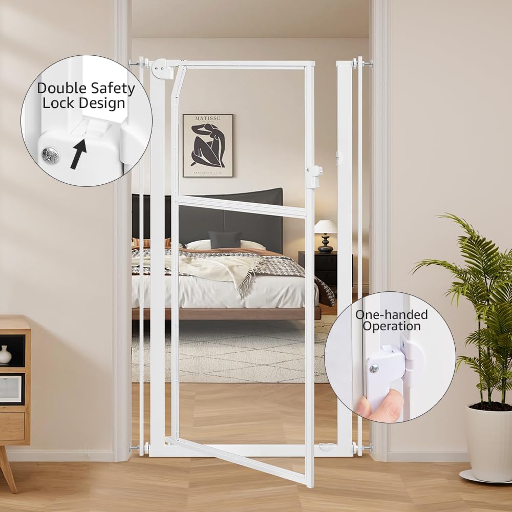 unipaws 56" Extra Tall Pet Gate, Clear Transparent Tall Cat Gate, 29.5-33.5" Wide No Drilling Pressure Mounted Dog Gate for Doorway, Hallway, Stairs, White