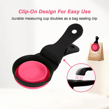 Collapsible Dog Food Scoop Foldable Pet Food Bag Clip 3 in 1 Multi-function Silicone Cat Food Measuring Cup Scoop Dog Food Scooper Pet Food Storage Clip (Green, 1 Cup Capacity(1 Pack))