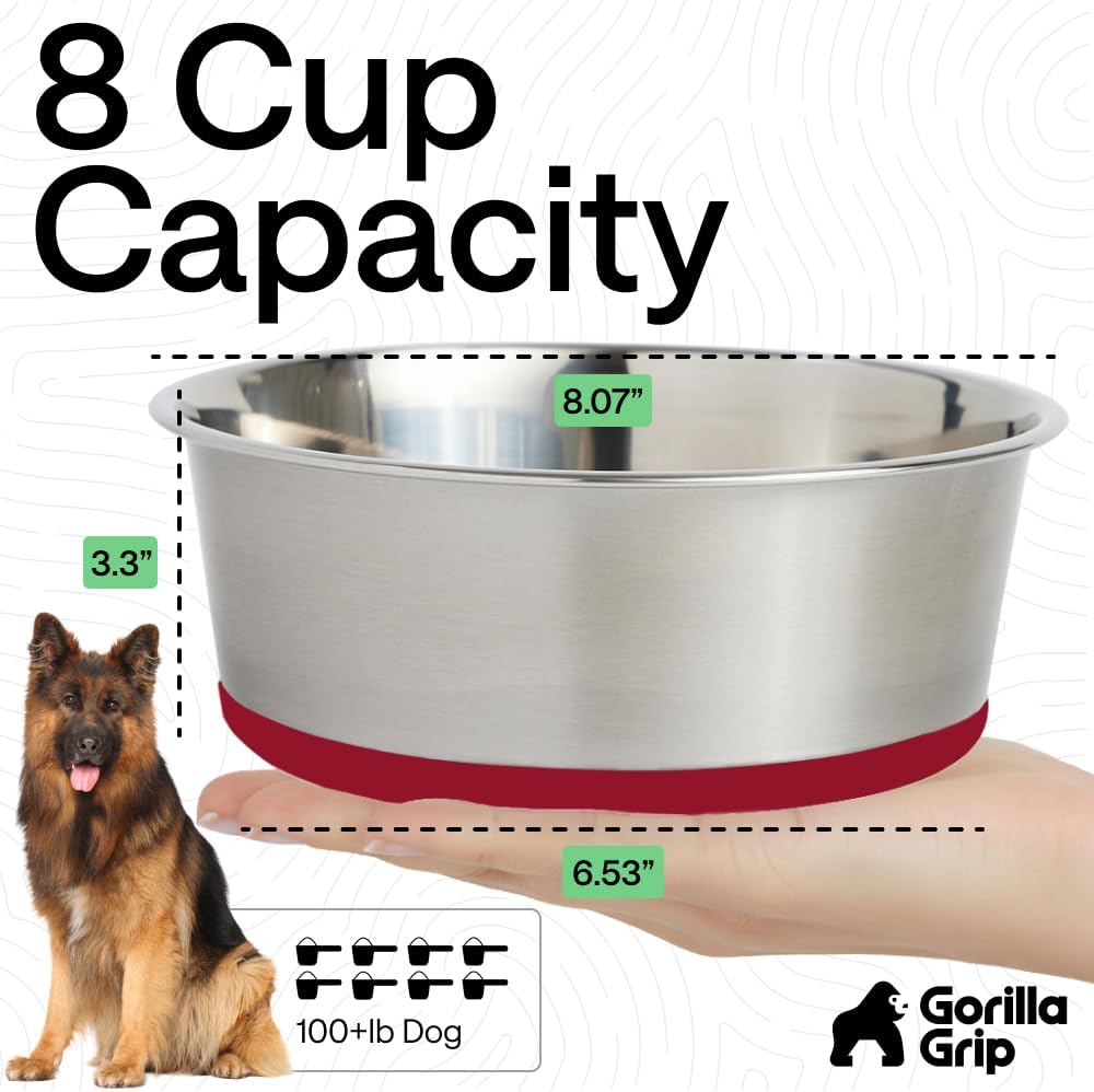 GORILLA GRIP Dog Bowls, Food Grade 304 Stainless Steel, Holds 2 Cups Each (16 fl oz) Food and Water Bowl for Feeding Dogs and Cats, Dishwasher Safe, Rust Resistant, BPA Free Rubber Base Set of 2 Black