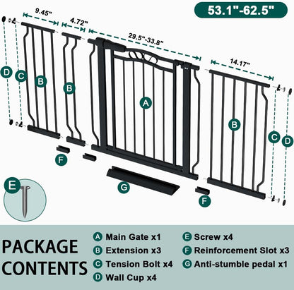 Fairy Baby 62.5"-71.6" Extra Wide Baby Gate Pressure Mount, Long Large Dog Gate Indoor Doorways Stairs, No Drill Safety Child Gate for Kids with Double Lock, Walk Thru Pet Gate for Puppy Doggy, Black