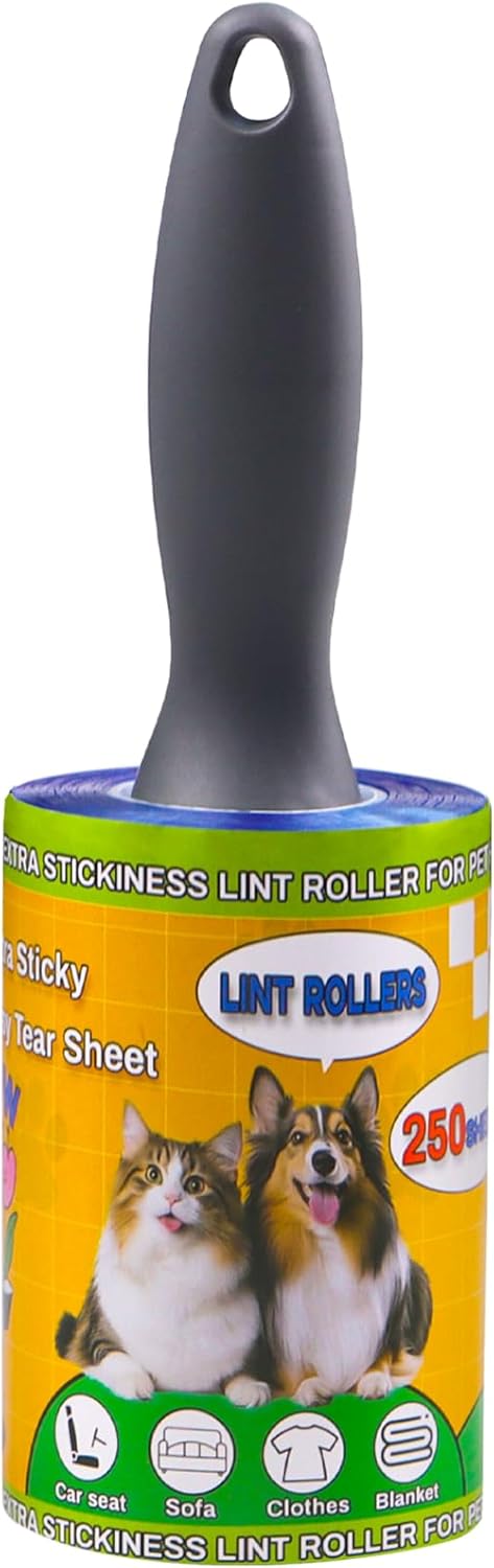 Lint Roller Pet Hair Value Pack of 250 Sheets, Extra Sticky Lint Remover for Dog & Cat Fur, Clothes, Furniture, Couches Reusable Lint Remover for Fuzz, Fluff & Hair(White)