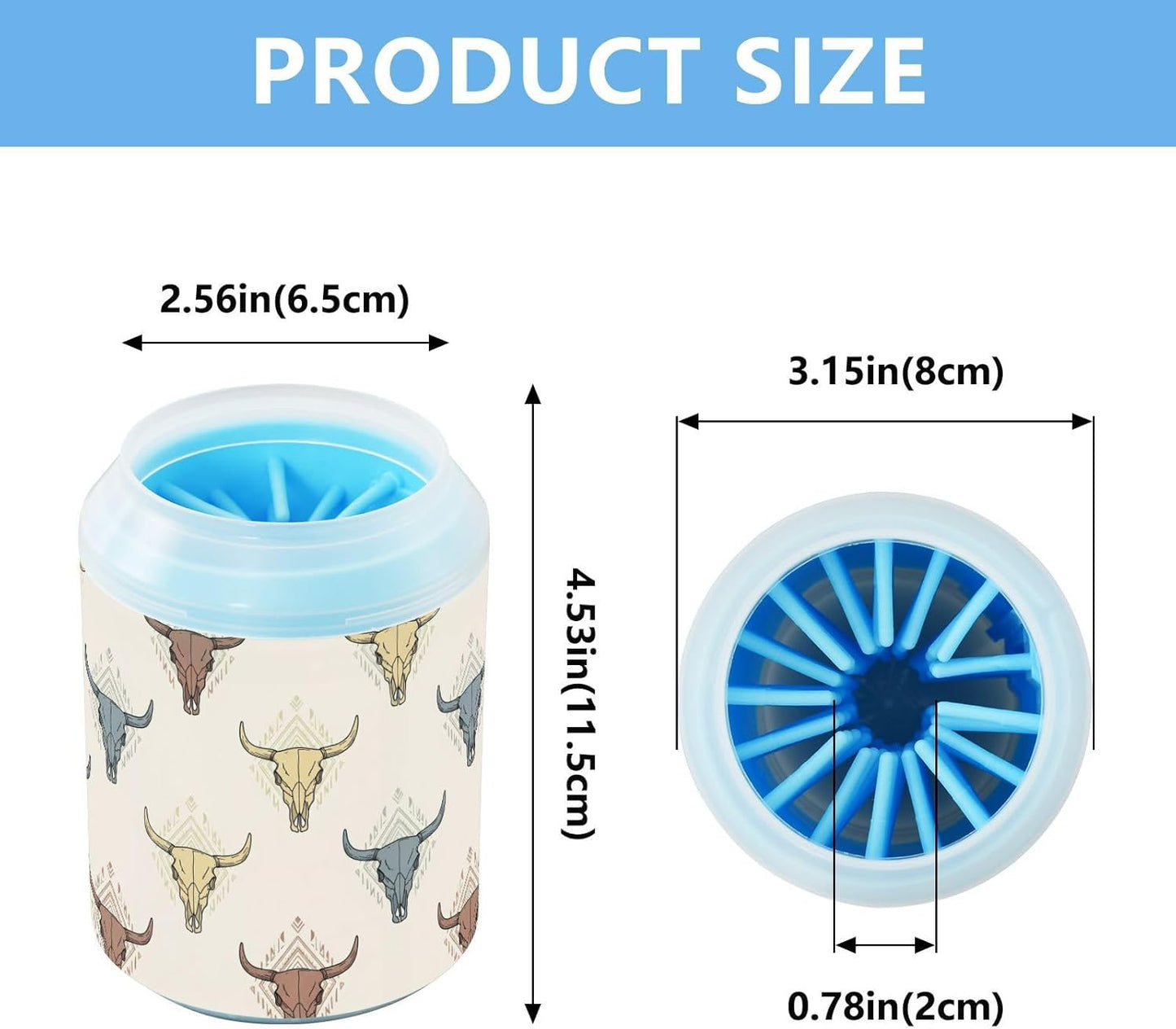Western Skull Beige Pattern Dog Paw Cleaner Cup with Soft Silicone Brush, Small Portable Lightweight Muddy Paw Washer for Dogs, Easy to Use Pet Foot Cleaner
