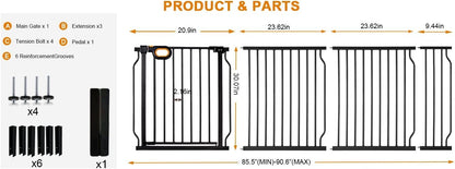 Baby Gates Extra Wide for Large Opennings with Door Pressure Mounted 90.6-95.2 Inch Extra Wide Baby Gate Dog gate for Doorways Indoor Metal Gate No Drilling with Walk-Through Door,White