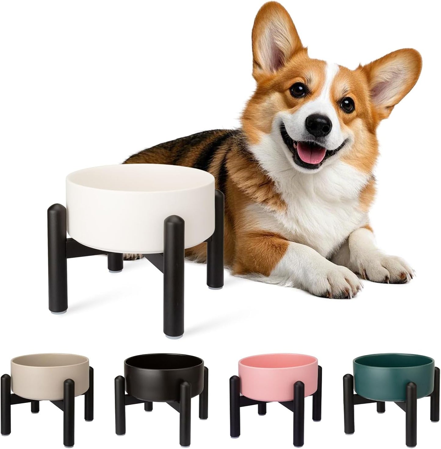 Raised Ceramic Dog Bowl Set - Elevated Double Dishes with Stainless Steel Stand - Food and Water Bowls for Small to Medium Dogs - Each Holds 3.5 Cups (29.57 fl oz) - White