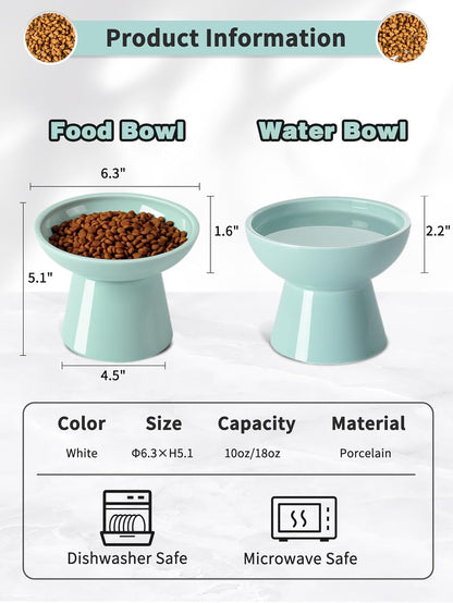 LoeJan Elevated Cat Food and Water Bowls Set, Extra Wide and Raised Ceramic Bowls, Anti-Vomit Whisker-Free Pressure Cat Feeder for Kittens to Adult Cats and Small Dogs (White, Water Bowl)