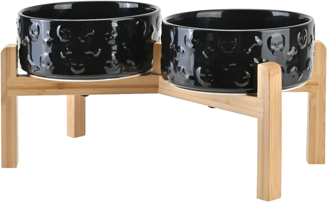 SPUNKYJUNKY Elevated Dog Bowls Ceramic, 6.1'' Dogs and Cat Food Water Bowls Raised with Non-Slip Bamboo Stand for Medium Sized Breed Microwave Dishwasher Safe - 28.7 OZ,Beige