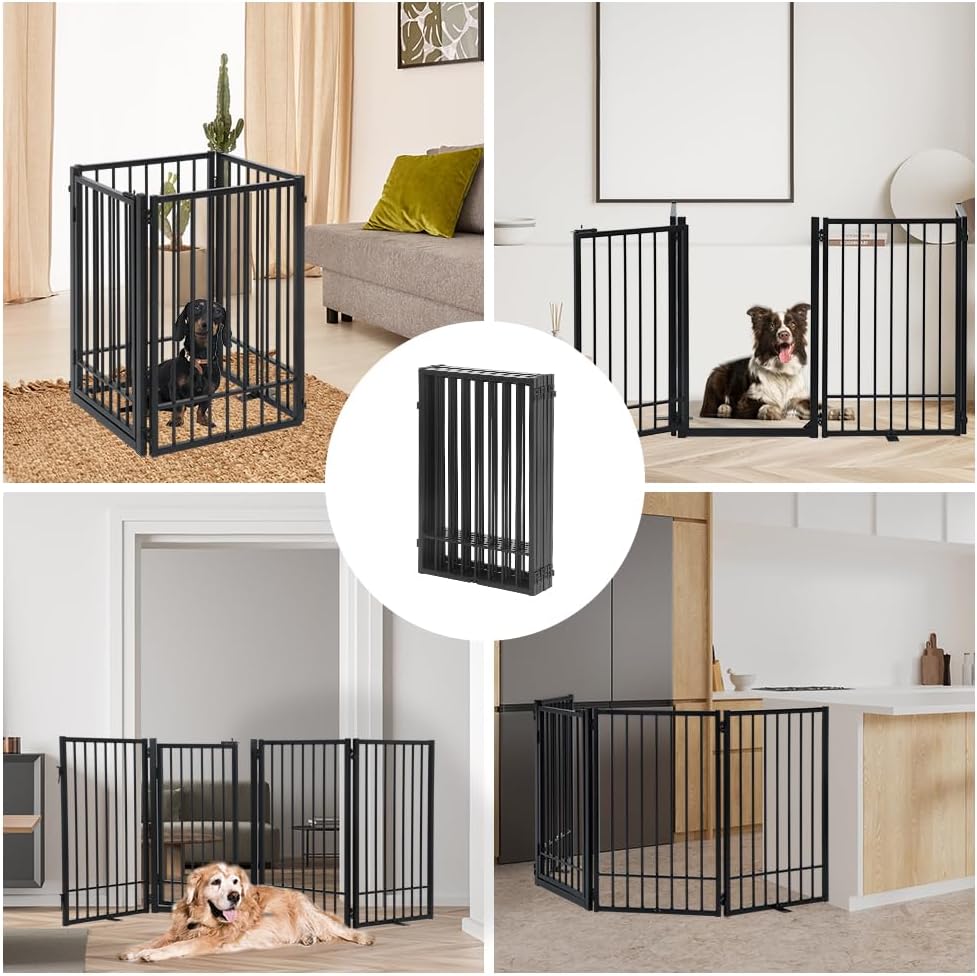 Metal Freestanding Dog Gate with Door, Extra Wide 81", 31" Height Foldable Dog Gates for Doorways, Tall Pet Fence Indoor Pet Gates, 4 Panels Pet Barrier for Stairs Hallways, Black