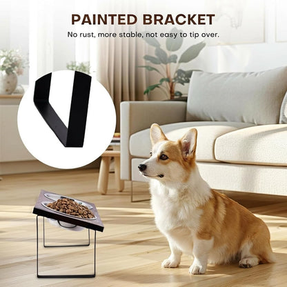 Elevated Dog Bowl Stand for Medium and Large Dogs, MDF Raised Dog Feeder with 2 Stainless Steel Bowls, Tilted Dog Food and Water Dish Set, Wooden Pet Feeding Station (Black)