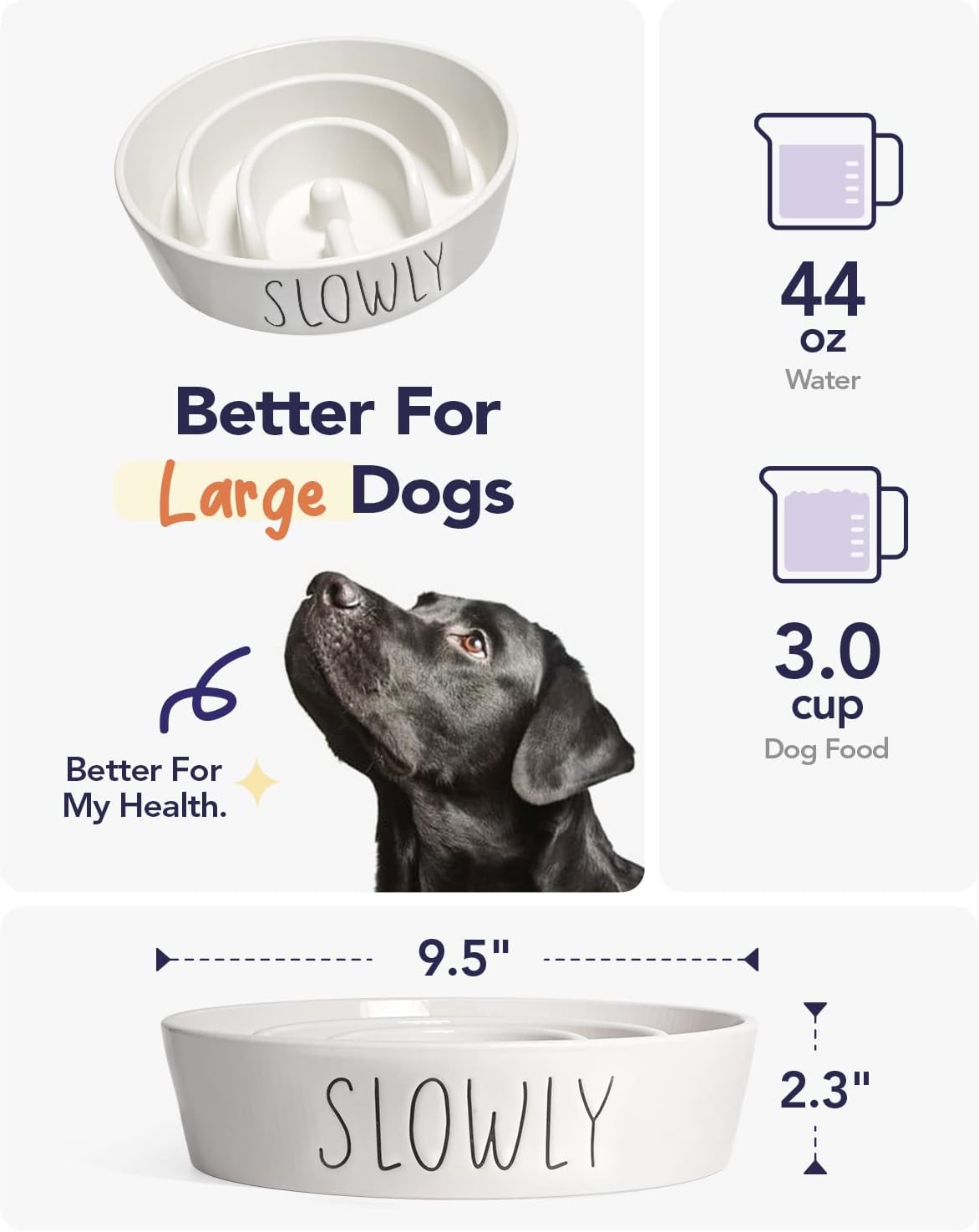 Slow Feeder Dog Bowl - 1.5 Cups Ceramic Puzzle Feeder for Small & Medium Breeds, Maze Design Bowl for Puppy & Fast Eaters, White Pet Dish to Control Eating Speed