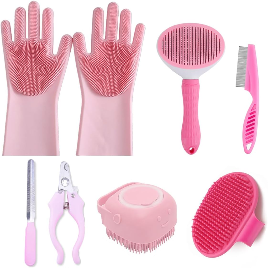 8PCS Dog Bath Supplies Set，Dog Washing Gloves，Shampoo Brush, Shedding Slicker Brush，Complete Pet Grooming Kit for Dog&Cat and Small Animal Grooming(8PCS-Bath-Pink)