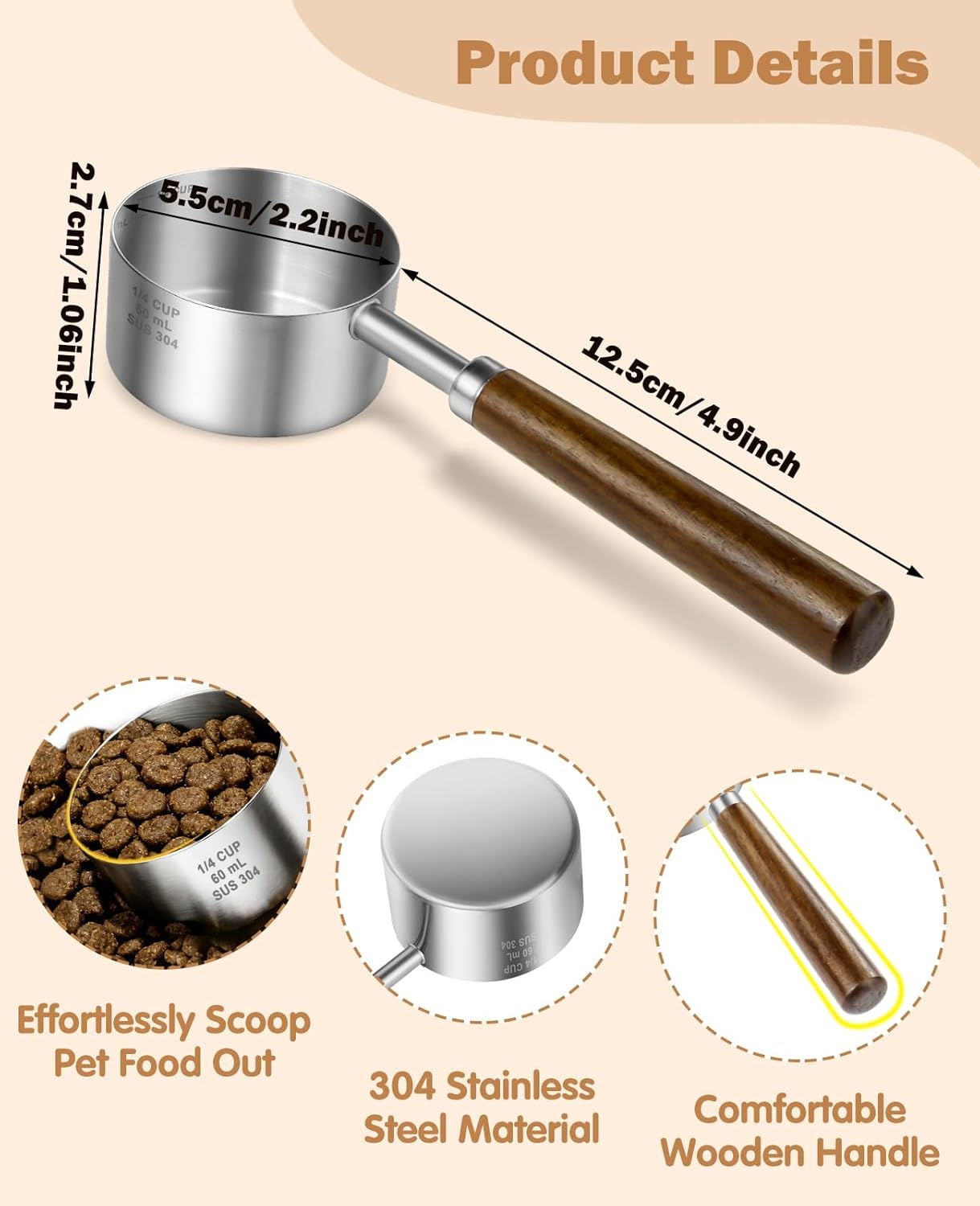 Stainless Steel Dog Food Scoop 1 Cup, Dog Food Measuring Cup With Measuring Lines (Cup/ML) & Long Wooden Handle, Metal Pet Food Scoop For Dogs, Cats and Kitchen Use, Dishwasher Safe