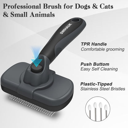 Swihauk Self Cleaning Slicker Brush for Dogs & Cats - Skin Friendly Deshedding and Grooming Brush for Haired Pets, Pet Supplies Accessory, Black