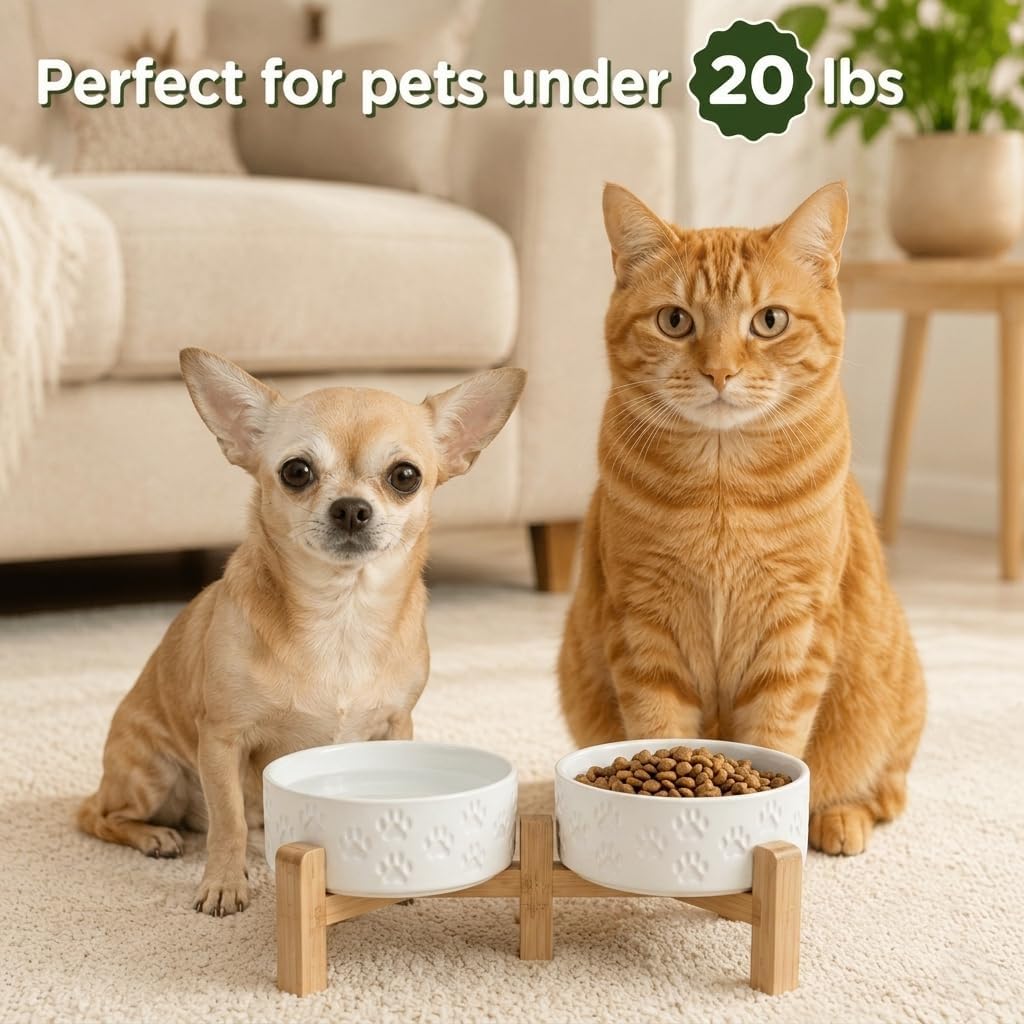 SPUNKYJUNKY Elevated Dog Bowls Ceramic, 6.1'' Dogs and Cat Food Water Bowls Raised with Non-Slip Bamboo Stand for Medium Sized Breed Microwave Dishwasher Safe - 28.7 OZ,Beige