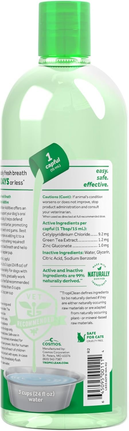 TropiClean Fresh Breath Water Additive for Dogs, Dog Breath Freshener and Teeth Cleaning Solution, No Toothpaste or Toothbrush Required, 16oz.
