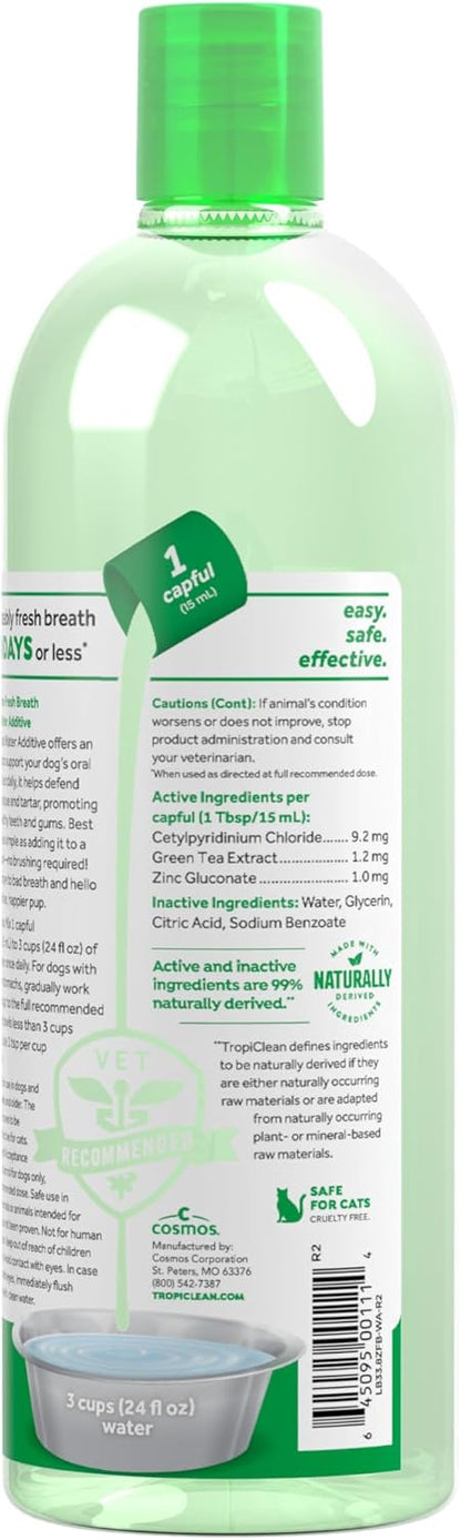 TropiClean Fresh Breath Water Additive for Dogs, Dog Breath Freshener and Teeth Cleaning Solution, No Toothpaste or Toothbrush Required, 16oz.