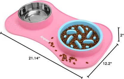 Anipaw Slow Feeder Dog Bowls 3 in 1 Stainless Steel Food and Water Bowls with Non-Spill and Skid Silicone Mat to Slow Down Eating for Large Medium Small Breed Size Dogs and Cats