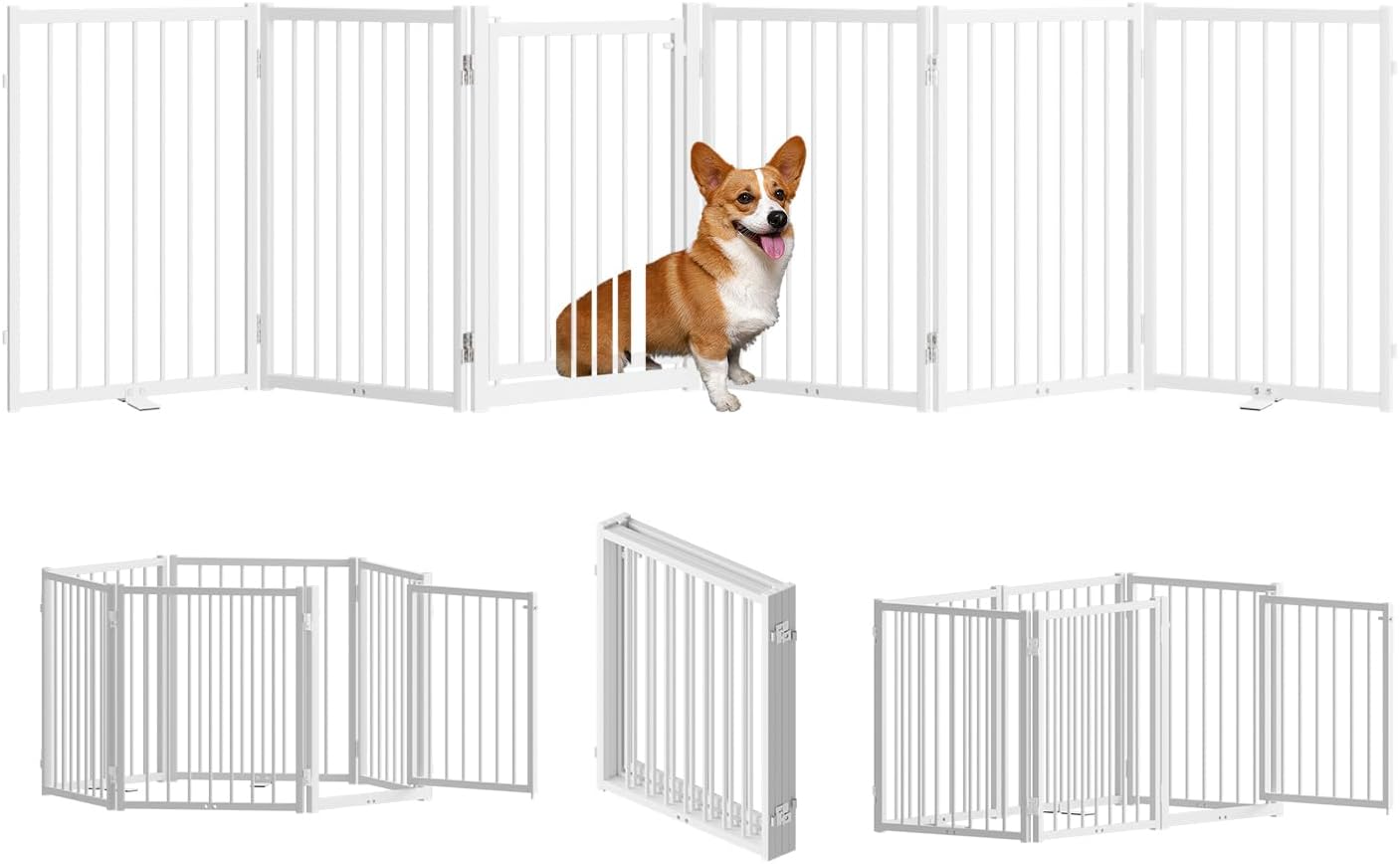 SNUOWU Full Metal Freestanding Dog Gate with Door, 32''Height Foldable Pet Dog Fence for Indoor & Outdoor, 4 Panels Extra Wide Free Standing TallDog Gates for Doorways,House,Stairs,Porch,Deck,Yard