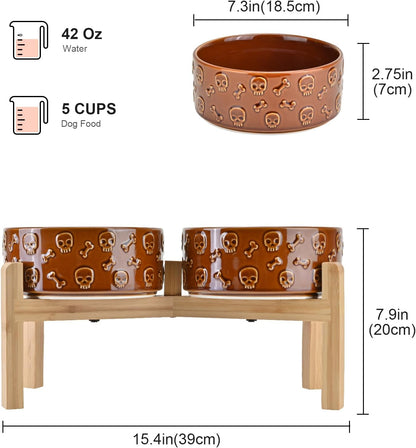 SPUNKYJUNKY Elevated Dog Bowls Ceramic, 6.1'' Dogs and Cat Food Water Bowls Raised with Non-Slip Bamboo Stand for Medium Sized Breed Microwave Dishwasher Safe - 28.7 OZ,Beige