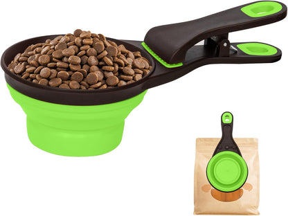 Collapsible Silicone Dog Food Scoop Foldable Pet Food Measuring Cup with Bag Clip 3 in 1 Multi-Function Silicone Dog Food Scooper (Rose Red, Medium)