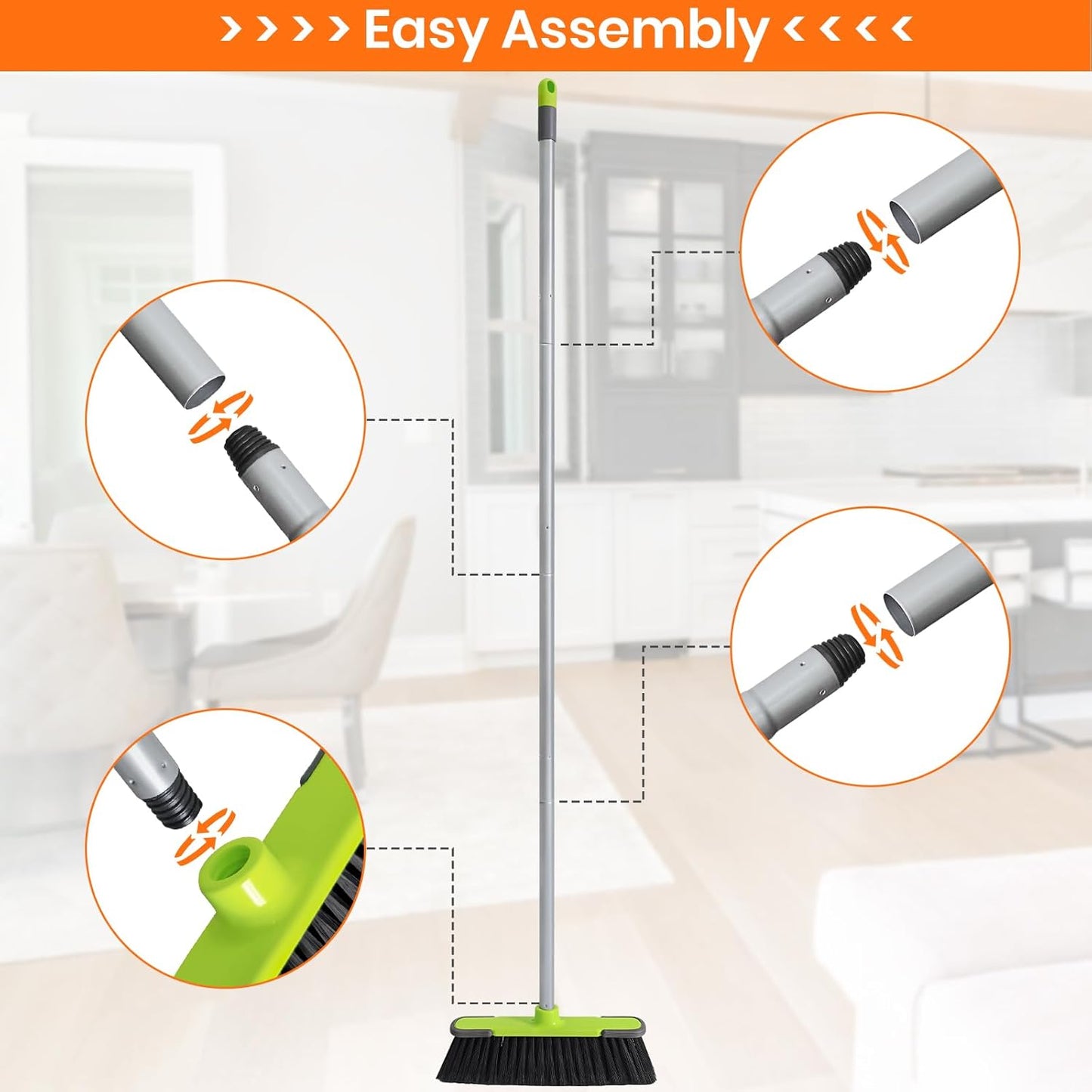 Broom for Hardwood Floors Indoor Sweeping Brooms with Soft Bristles and 55” Long Handle for Tile Laminate Deck Hard Floor Cleaning-Yellow