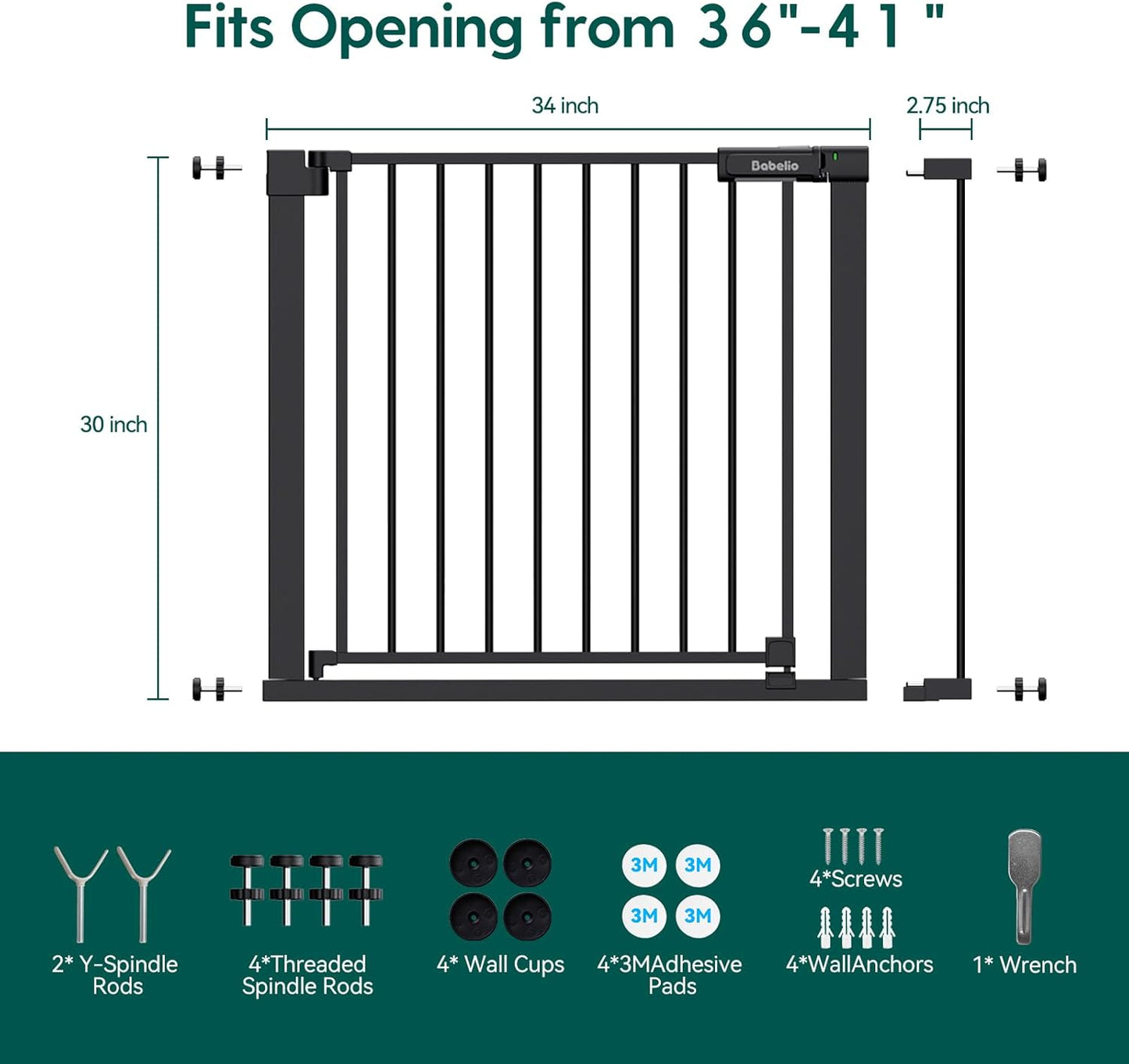 Babelio Baby Gate for Doorways and Stairs, 36-41" Pet Gate with Wide Walk Thru Door and Lock Indicator, No Drill Pressure Mounted Safety Gate with Double Lock and Self-Closing, Black