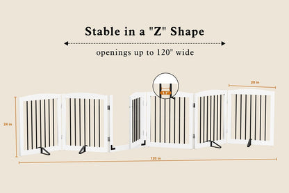 PUPETPO Freestanding Dog Gate with Door, Pet Gate for Stairs, 80 inch Wide Pet Barrier Indoor, Dog Fences Indoor, Support Feet Included, 4 Panels, 24" Tall, Dark Brown